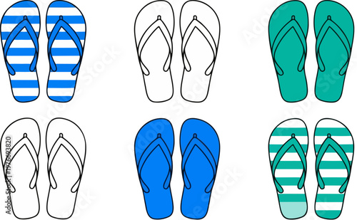 Summer flip flops vector set, colorful beach sandals collection with stripes, flat thong footwear icons for travel and vacation design