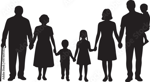 Family silhouettes grandparents father mother and three children from back