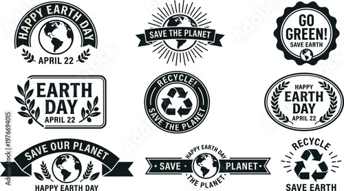 Earth Day April 22 go green hexagon badge promoting bee conservation, planetary sustainability, and environmental protection for awareness campaigns