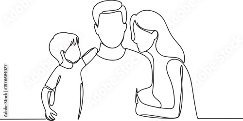 Happy family in continuous line art drawing style. United family portrait of parents and their little girl kid black linear sketch isolated on white background. Vector illustration