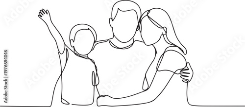 Happy family in continuous line art drawing style. United family portrait of parents and their little girl kid black linear sketch isolated on white background. Vector illustration