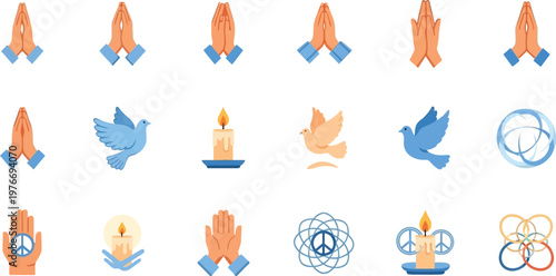 Spiritual icons representing praying hands, flying doves, and candles communicate themes of peace, meditation, and religious practice.