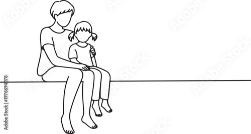 Happy mom with her female child in line art style. Mother and daughter . Minimalist black linear sketch isolated on white background. Vector illustration