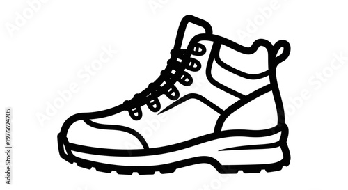 Rugged hiking boot illustrated in black and white with detailed laces and thick sole for trekking. Vector design.