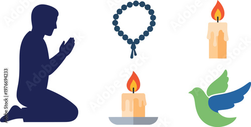 Person kneeling in prayer is depicted alongside a rosary, candles, and a dove to symbolize peace and spiritual devotion.