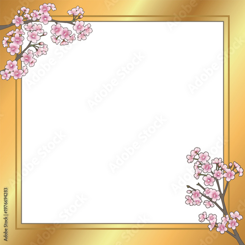 桜の花のフレーム（スクエア・枠内透過・ゴールド）