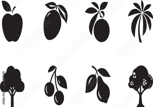 Silhouette icons of various fruits and trees on transparent background