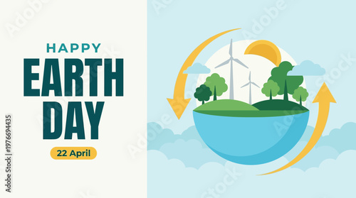 Earth Day April 22 celebration banner promoting renewable wind energy, reforestation, and sustainable ecological cycles for environmental awareness