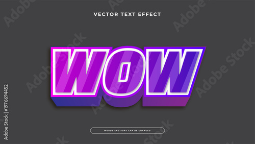 Bold wow text effect with purple gradient and deep shadow in 3D style
