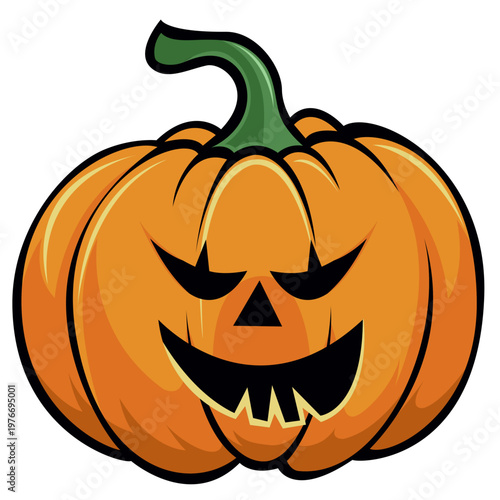 An orange cartoon jack o lantern with a green stem features a spooky, carved face, including triangular eyes and nose, and a wide, toothy grin, set against a white background