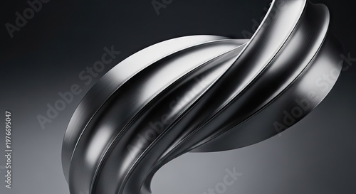 A sleek metallic sculpture with smooth curved lines and a dark background