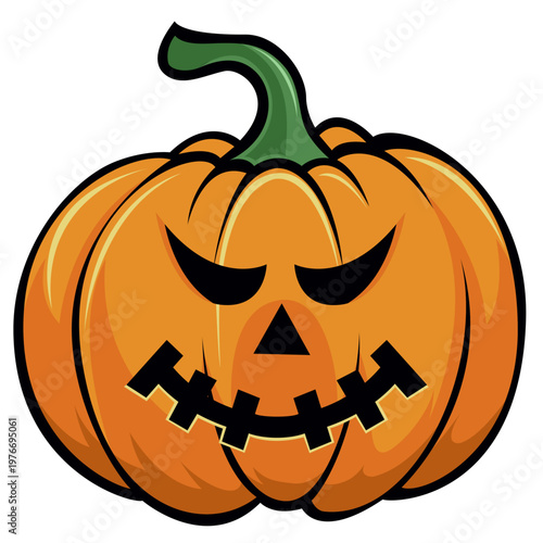 A vibrant orange cartoon jack o lantern with a spooky carved face, featuring triangular eyes and nose, and a jagged, toothy grin, set against a clean white background, ready for Halloween festivities