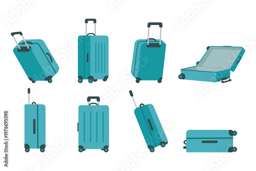 Luggage Suitcase Collection Different Views Flat Design. Travel Bag Suitcase Icon Set Multiple Positions. Modern Suitcase Travel Gear Illustration Pack.