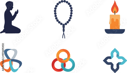 Prayer icons featuring a kneeling person, beads, and candle represent various spiritual practices and meditative concepts in a clean, modern design style.