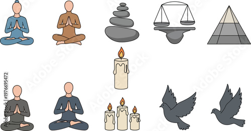 Meditating figures and stone cairns illustrate a path toward mindfulness and the pursuit of inner balance.