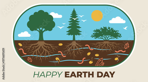 Earth Day underground soil ecosystem illustration showing tree roots, worms, seeds, and minerals for environmental education and conservation awareness