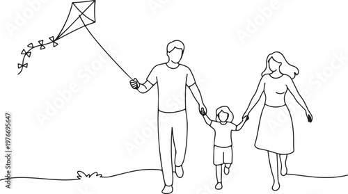 Single continuous line drawing family weekend with parents and child walking in the park. Fun family running, rest at nature on vacation. Dad, mom, and boy launches kite. One line draw design vector