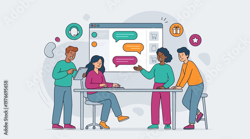 Team members interacting near a computer screen with conversation bubbles and icons