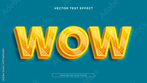 Dynamic wow text effect with yellow halftone patterns and orange 3D extrusion on a teal background