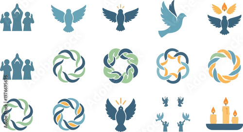 Doves and circular emblems represent concepts of peace, unity, and spiritual harmony in this collection of minimalist graphic icons.