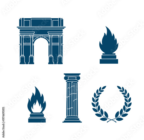 blue icons of arch column flame and laurel wreath on white background