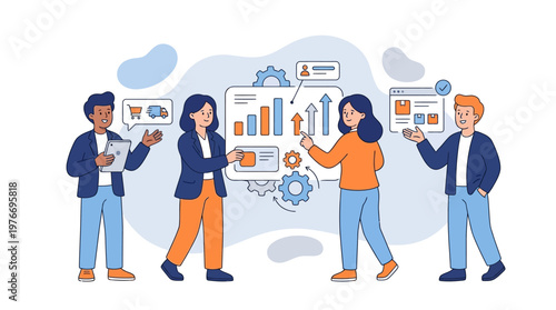 Team members interacting with data analysis charts and online sales information