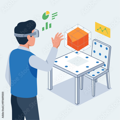 A flat vector style image showing a Computer Vision Engineer wearing a slim tech headset. The engineer is reaching out to move a floating, 3D-looking geometric cube into a real-world physical space re