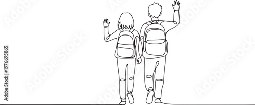 Single one line drawing older sister and younger brother walking waving their hands. Be friendly and polite. Childhood. National Brothers and Sisters Day. Continuous line design graphic illustration