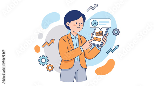 Businessman analyzing financial data on a tablet with growth arrows and gears