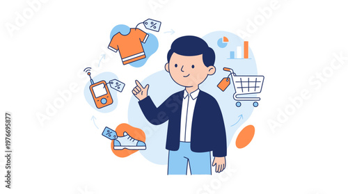 Man contemplating shopping options surrounded by clothing and accessories illustrations