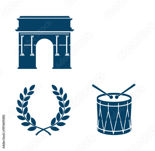 Blue icons of arch of triumph laurel wreath and drum on white background