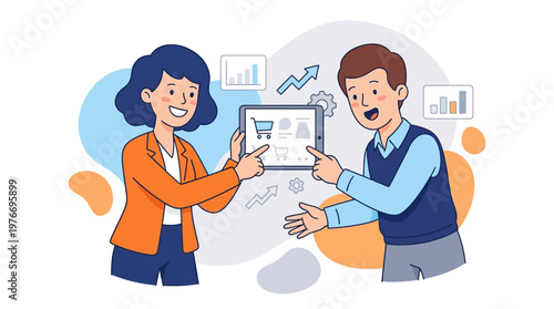 People discussing tablet with shopping cart and charts business and technology illustration