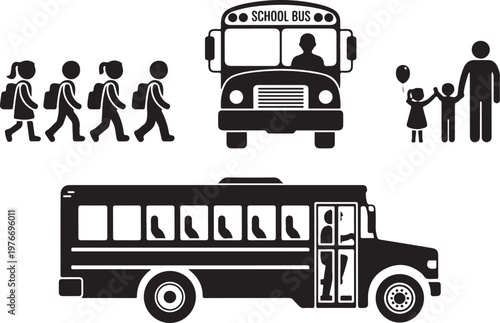 Stick figure children boarding bus icon. Back to school boys and girls symbol