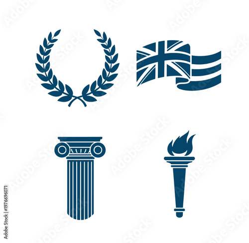 Blue icons of laurel wreath UK flag column and torch on white background