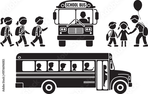Stick figure children boarding bus icon. Back to school boys and girls symbol