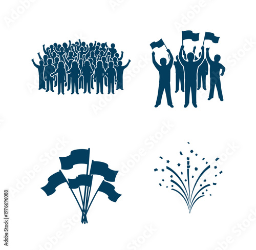 blue icons of people celebrating and waving flags and fireworks on white background
