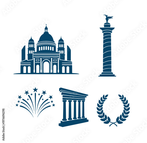 blue silhouette icons of famous landmarks and symbols  architecture and decoration