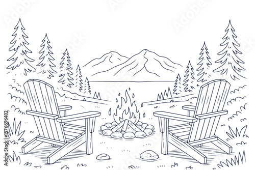 Two adirondack chairs by a campfire with mountains and trees near a lake nature outdoors