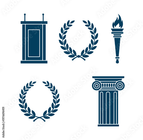 collection of ancient greek and roman symbols icons  laurel wreath column podium torch