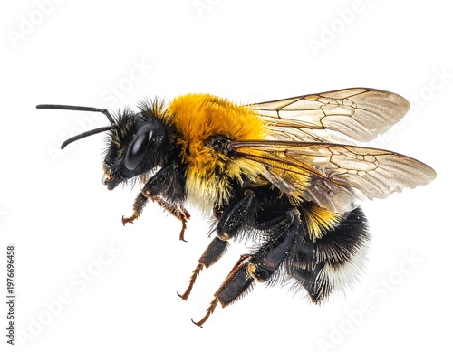 Close-up of a fuzzy bee in flight, showcasing wings, black and yellow markings