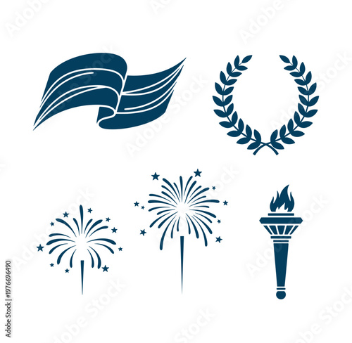 Collection of celebration icons including ribbons fireworks and a torch on white
