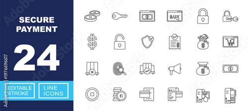 Secure Payment set of web icons in line style. Containing Coins, Key, Browser, Button, Padlock, Unlock, Dollar, Shield, Receipt, Moneybag, Cart, Fingerprint, Megaphone, Cash, and more. Editable stroke