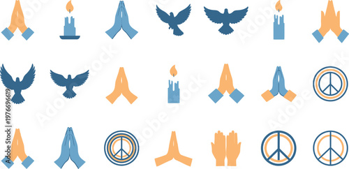 Symbols of tranquility and faith include praying hands, flickering candles, and flying doves depicted in a soft, modern color palette for spiritual themes.