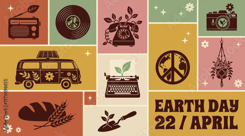 Earth Day April 22 Retro Vintage Eco Lifestyle Poster Celebrating Sustainable Living, Peace and Environmental Consciousness for Campaigns
