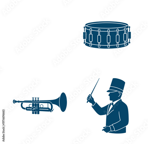 Conductor with musical instruments  drum and trumpet in blue silhouette on white background