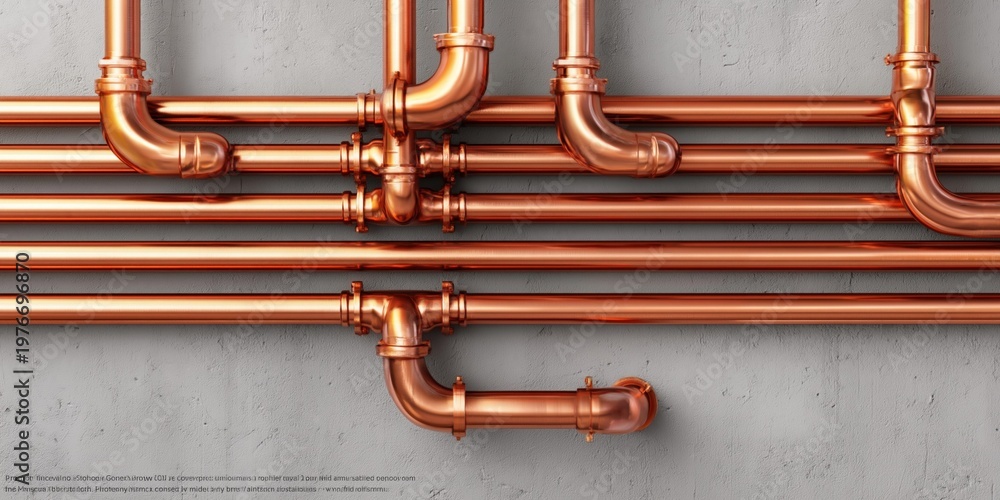 Fototapeta premium Polished copper pipes and fittings arranged neatly on a textured concrete wall