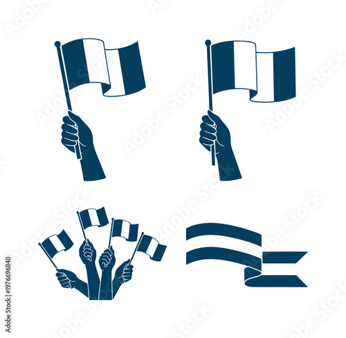 Hands holding waving flags and free flags on white background