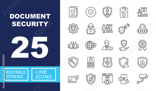 Document Security set of web icons in line style. Containing Document, Shield, Strategy, Clipboard, Presentation, Gear, Hacker, Training, Megaphone, Padlock, Malware, Globe, and more. Editable stroke