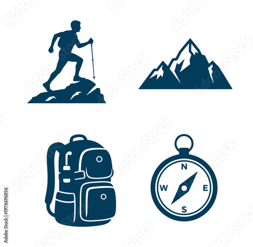 Hiking and climbing icons with mountain compass backpack and trekker silhouette on white background
