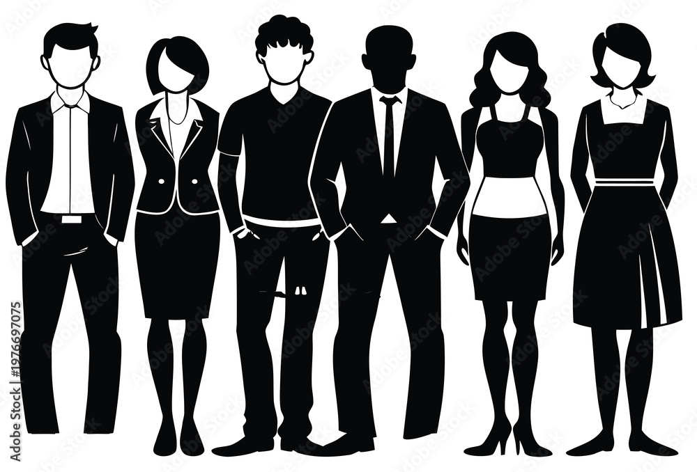 Fototapeta premium Silhouettes of diverse group of people standing together in black and white.